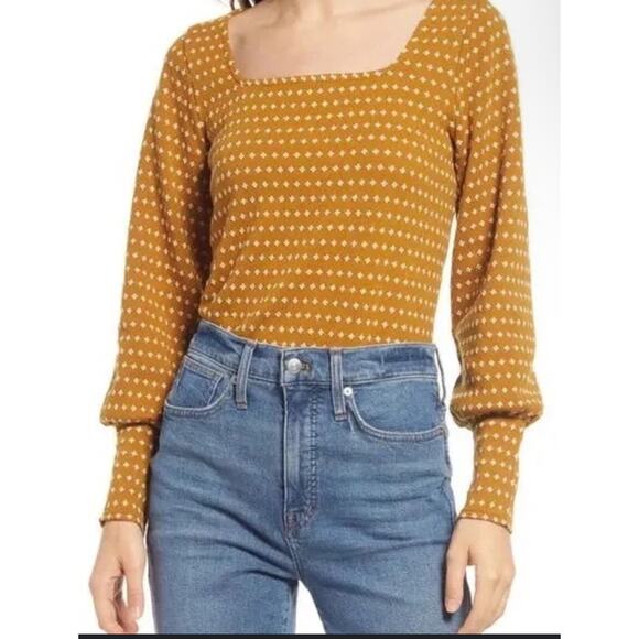 Madewell Mustard Print Square Neck Long Sleeve Blouse Top XS Cottagecore Boho - Picture 1 of 10